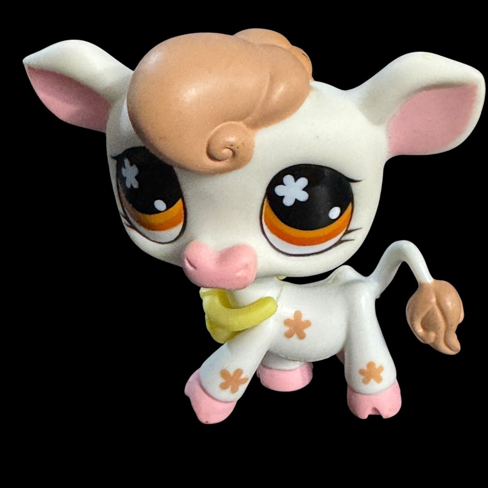 Authentic LPS Cow & Bell #476 Littlest Pet Shop Brown Flower Eyes Pink Hooves